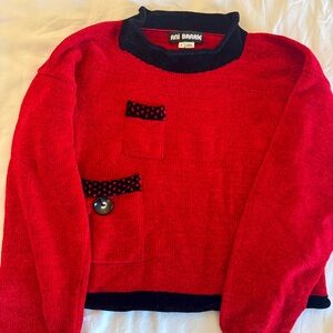 Ani Barrie Red Sweater with black trim and front button pocket size Small